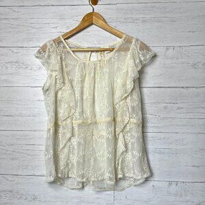 Adiva Top Womens Size Small Ivory Lace Floral Mesh Flutter Sleeves Peplum Ruffle